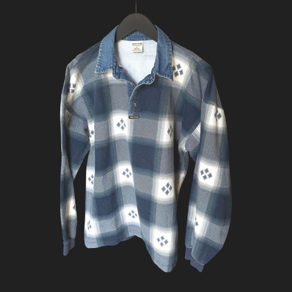 90's Structure Active Wear Large Blue Plaid Denim Collar Long Sleeve Polo USA
